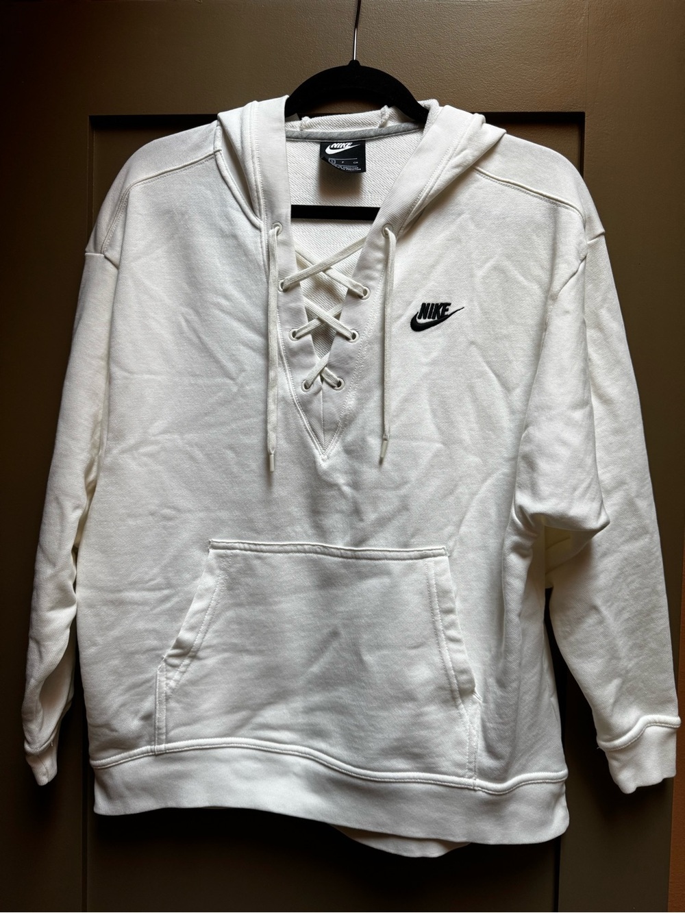 Nike Club White Lace-Up Crewneck Hoodie Small